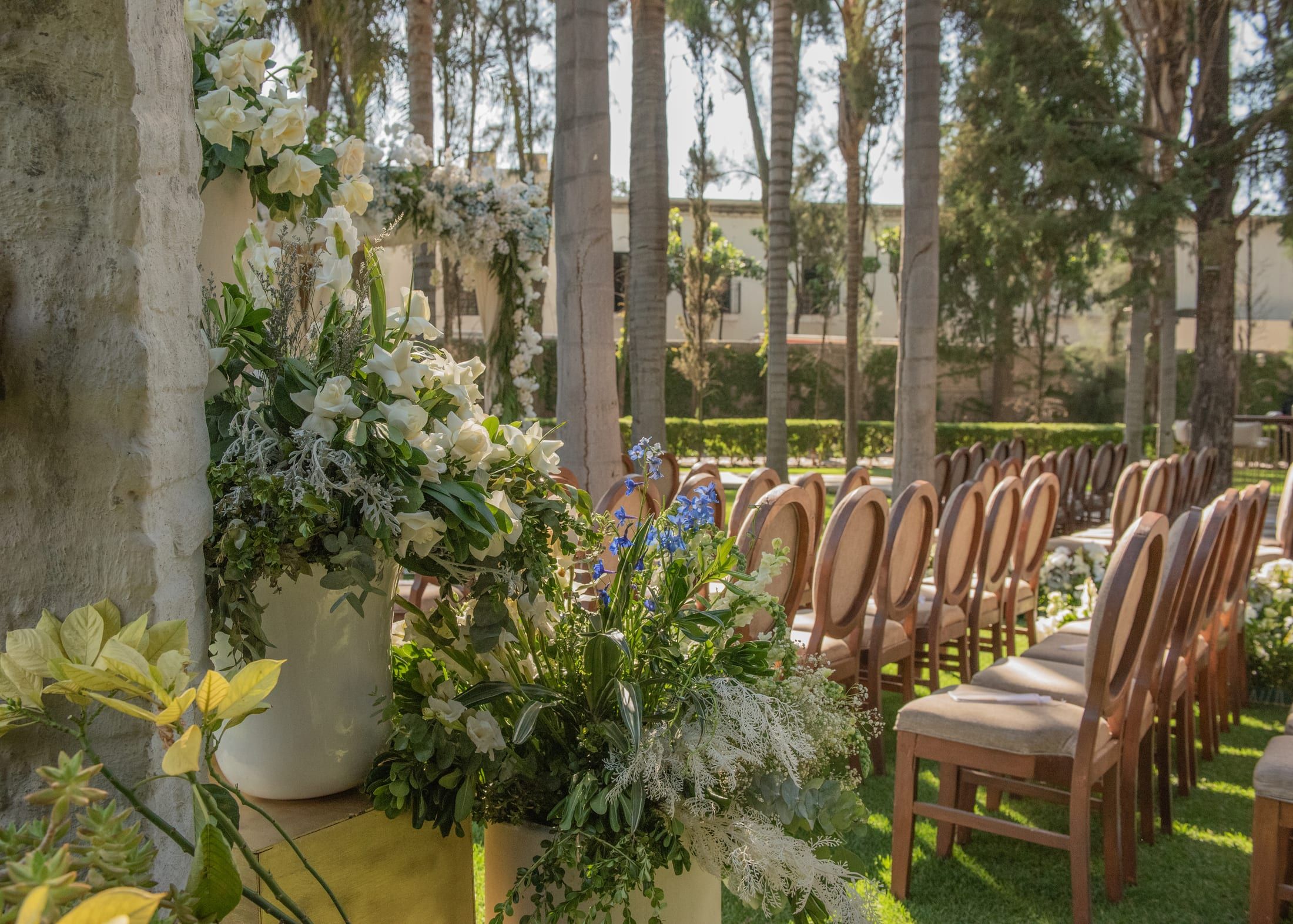 Pasillo de ceremonia entre sillas de madera y arreglos de flores blancas, bajo palmeras