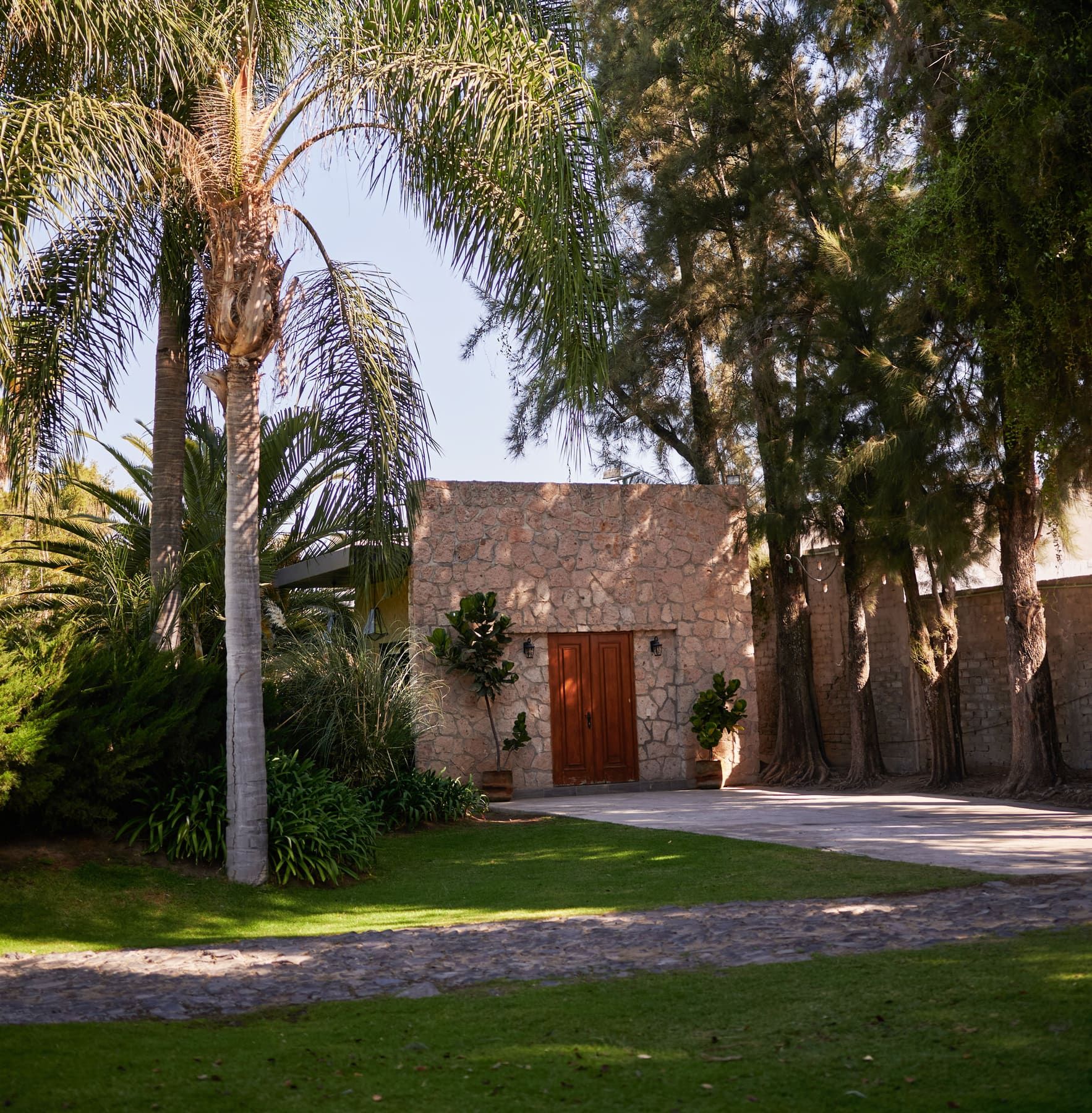 Jardín con palmeras y una casa de piedra con puerta de madera rojiza, junto a un camino de piedra
